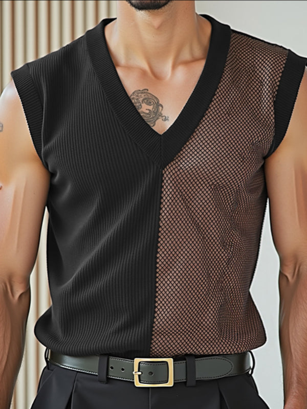 Mens Sheer Mesh Patchwork Contrast V-Neck Tank SKUL16759