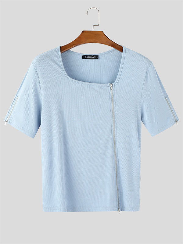 Mens Solid Color Knit Zipper Short Sleeve T-Shirt SKUL15396