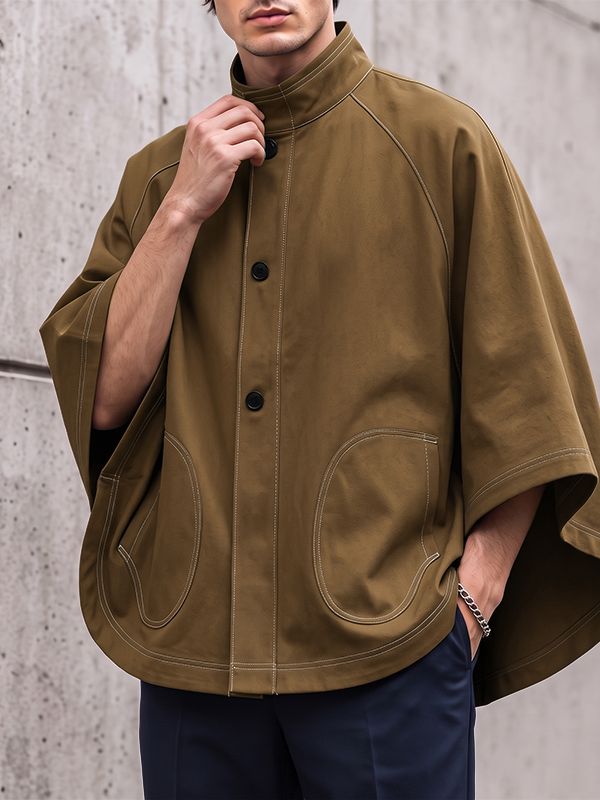 Men's Avant-Garde Zen Contrast Stitch Stand Collar Cloak SKUL79052