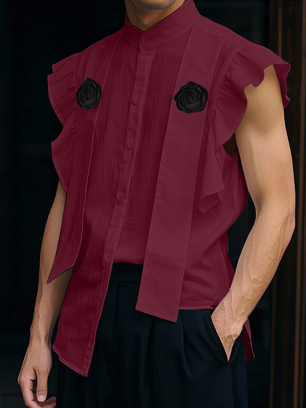 Mens Ruffled Stand Collar Sleeveless Shirt SKUL10613