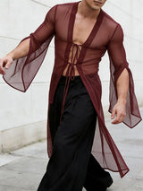 Men's Avant-Garde Longline Sheer Ribbed Tie-Front Flared Sleeve Cardigan SKUL57687