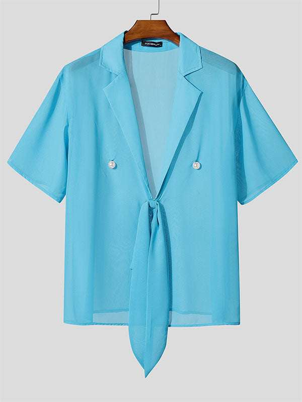 Mens Sheer Mesh Tie-Front Short Sleeve Shirt SKUL10914