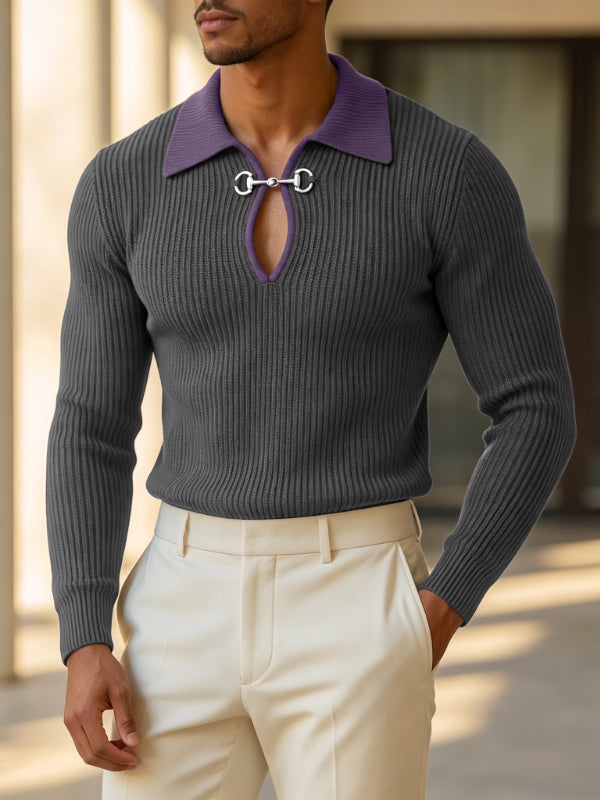 Men's Early Autumn Urban Casual Contrast Polo Metal Link Muscle Slim Long Sleeve Polo Collar Sweater SKUL81059