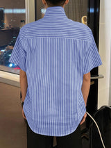 Mens Striped Lapel Collar Short Sleeve Shirt SKUK63605