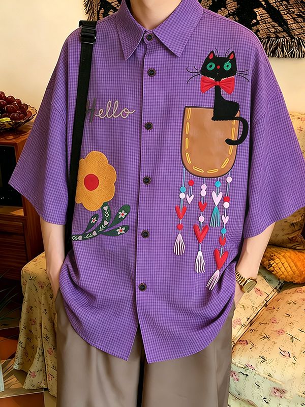 Men's Harajuku Streetwear Plaid Cartoon Cat Print Oversized Casual Shirt SKUL59651