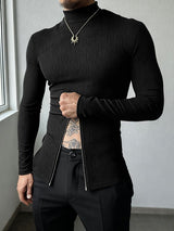 Men's Textured Half Zip High Neck Long Sleeve T Shirt SKUL37307