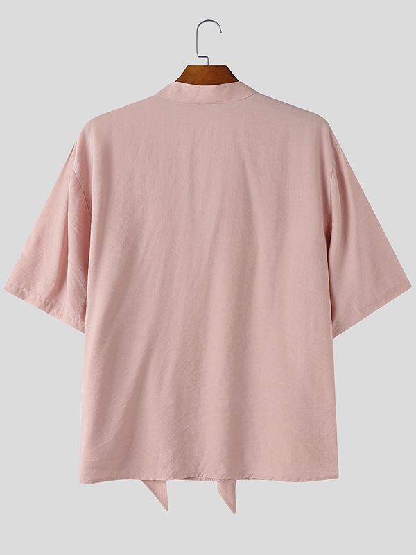 Men's French Romanticism Integrated Hanging Ribbon Drapes Deep V-Neck Shirt SKUL74831