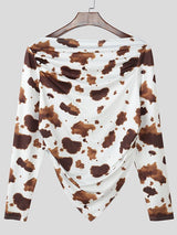 Men's Cow Print Knit Asymmetric Shoulder Long Sleeve T-shirt SKUL51826