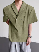 Men's Double Breasted Metal Button Knit Short Sleeve T-Shirt SKUL32783