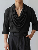 Men's Stylish Party Ribbed Cowl Neck Three Quarter Sleeve T-shirt SKUL74584