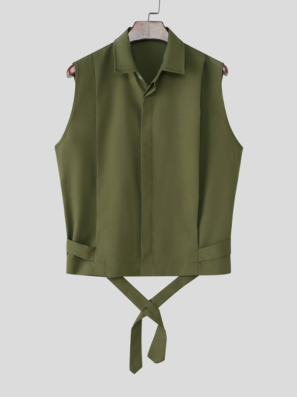 Mens Solid Color Ribbon Tie Sleeveless Shirt SKUL14072
