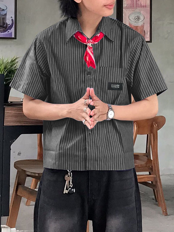 Mens Simple Striped Short Cropped Short Sleeve Shirt SKUL02352