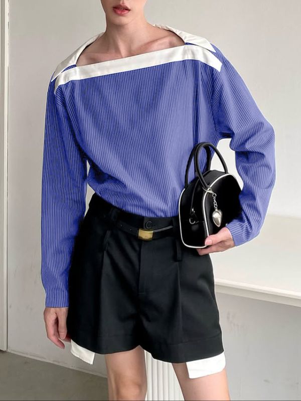 Men's Off Shoulder Contrast Color Long Sleeve Shirt SKUL47596