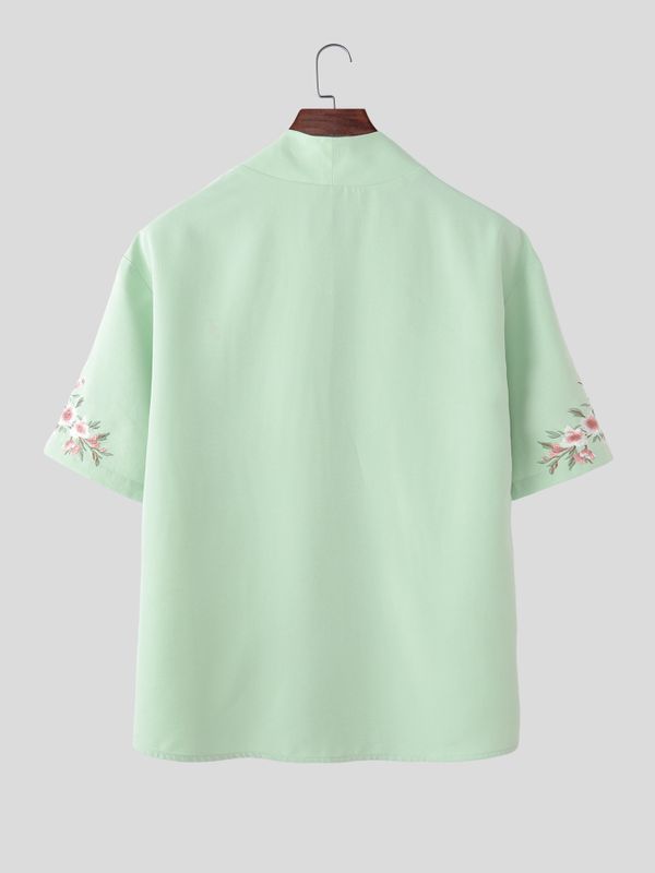Men's Vintage Casual Floral PrintV Neck Short Sleeve Shirt SKUL61923