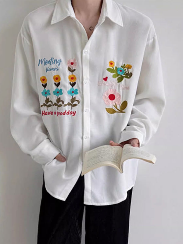 Men's Floral Embroidered Textured Long Sleeve Shirt SKUL29774