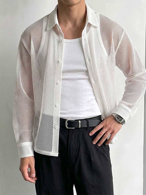 Men's High Street Resort Hollow Out Fishnet Sheer Turn Down Collar Long Sleeve Loose Shirt SKUL71405