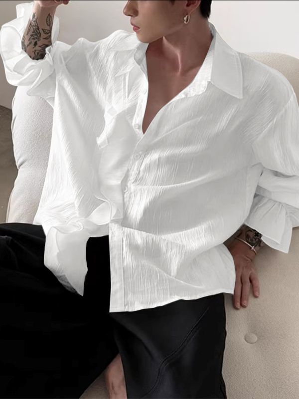 Men's Pleated Textured Ruffle Long Sleeve Shirt SKUL37174