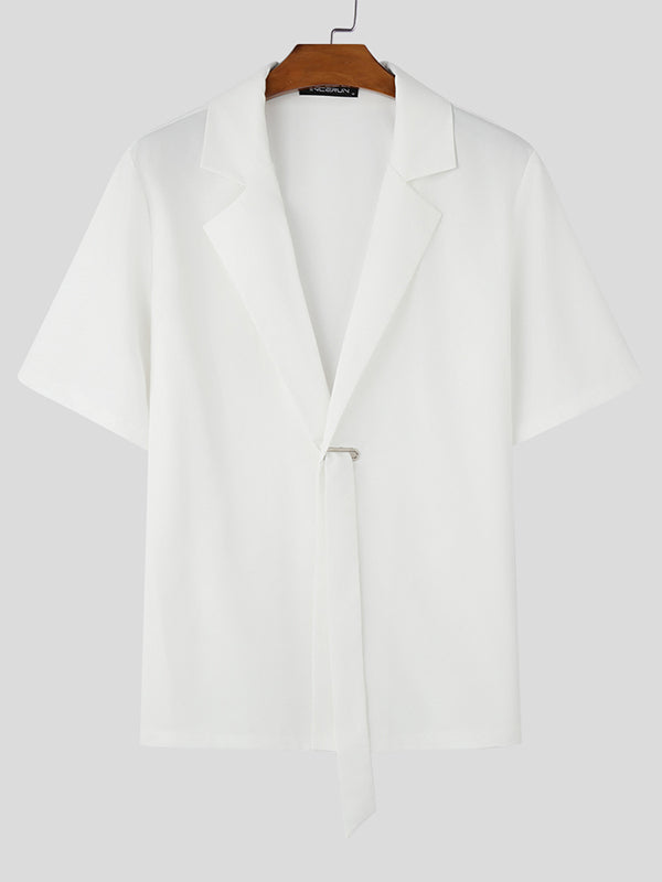 Mens Solid Color Ribbon Patchwork Short Sleeve Shirt SKUL02098