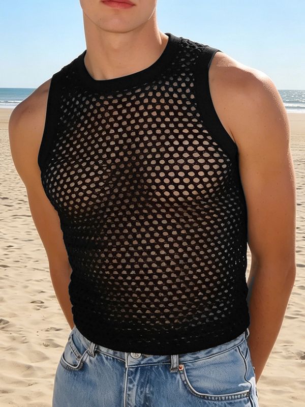 Men's Summer Beach Open Work Crochet Fishnet Knit Muscle Tank SKUL65426