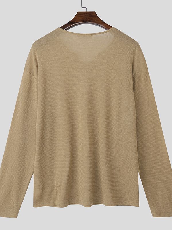 Men's Solid Color Minimalist U-Neck Long Sleeve T-Shirt SKUL43882