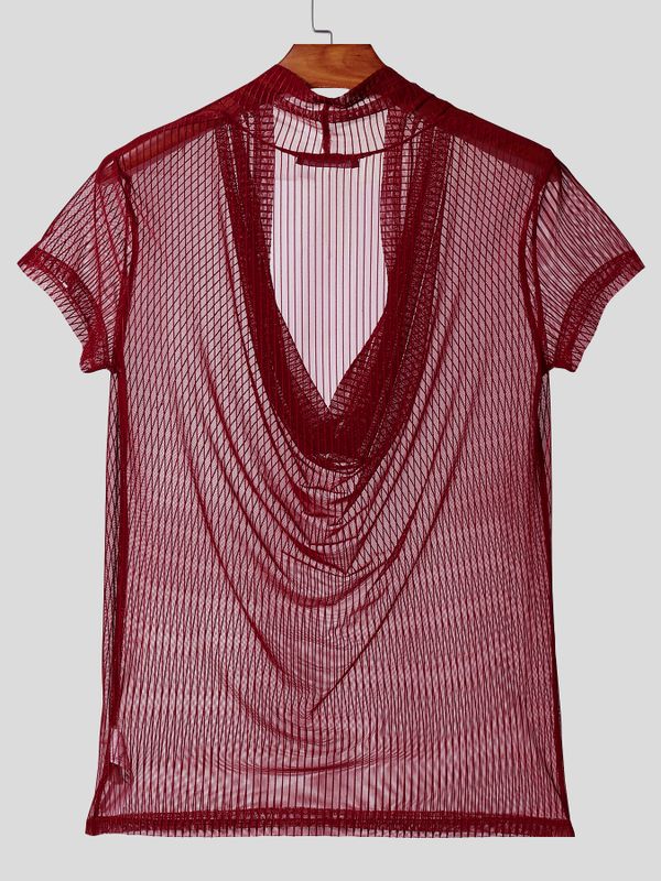 Men's Avant-Garde Sheer Deep Draped Cowl Neck Slim Fit T-shirt SKUL54626