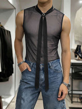 Men's Avant-Garde Hardware Ring Choker Tie Sheer Mesh Tank SKUL71426