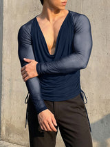 Men's Semi Sheer Mesh Draped Neck Long Sleeve T-shirt SKUL54094