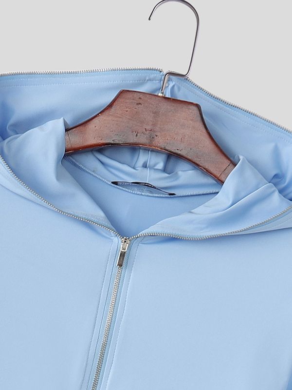 Men's Solid Color Knit Hooded Zip-Up Bodysuit SKUL38915