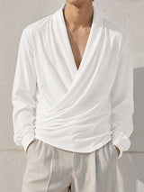 Men's Retro Criss Cross Wrap Front Ruched Drape Long Sleeve Plunging V-Neck T-shirt SKUL82418