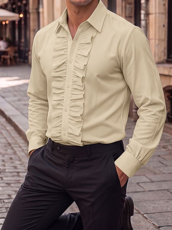 Mens Solid Color Ruffle Collar Long Sleeve Shirt SKUL27250