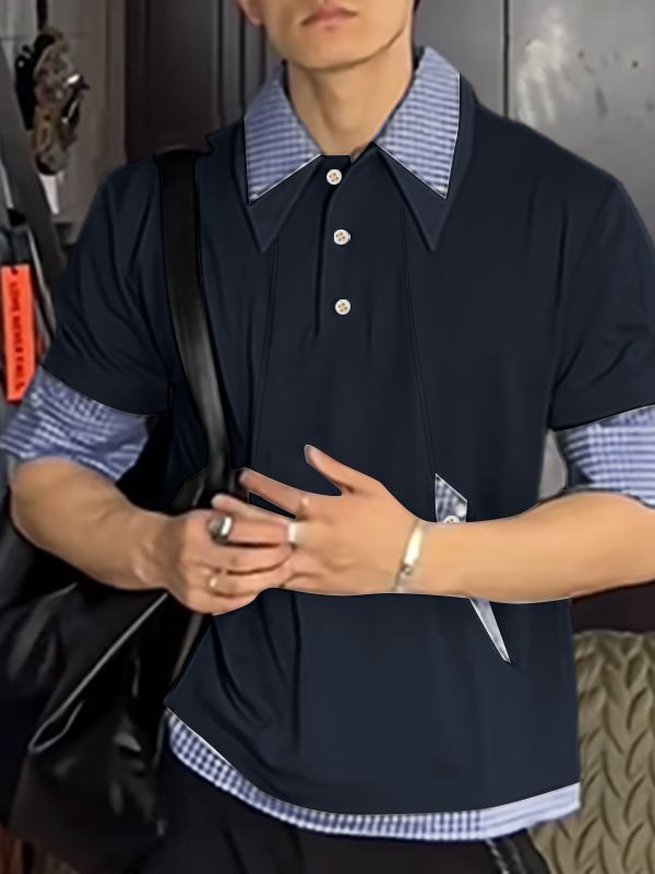 Men's Plaid Patchwork Collar Short Sleeve Shirt SKUL46212