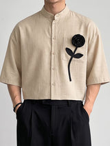 Men's Retro Resort Floral Applique Pocket Feel Drop Shoulder Half Sleeve Band Collar Shirt SKUL81852