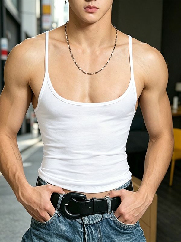 Men's High-Street Avant-Garde Ultra-Thin Spaghetti Strap Straight Neckline Cropped Tank SKUL70421