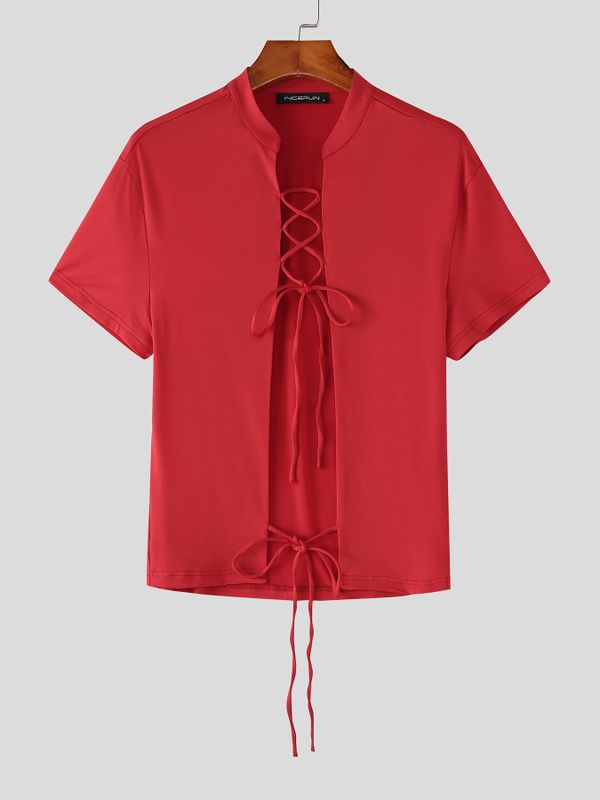 Men's Lace-Up Open Front Mandarin Collar Slim Fit Short Sleeve T-shirt SKUL57500