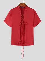 Men's Lace-Up Open Front Mandarin Collar Slim Fit Short Sleeve T-shirt SKUL57500