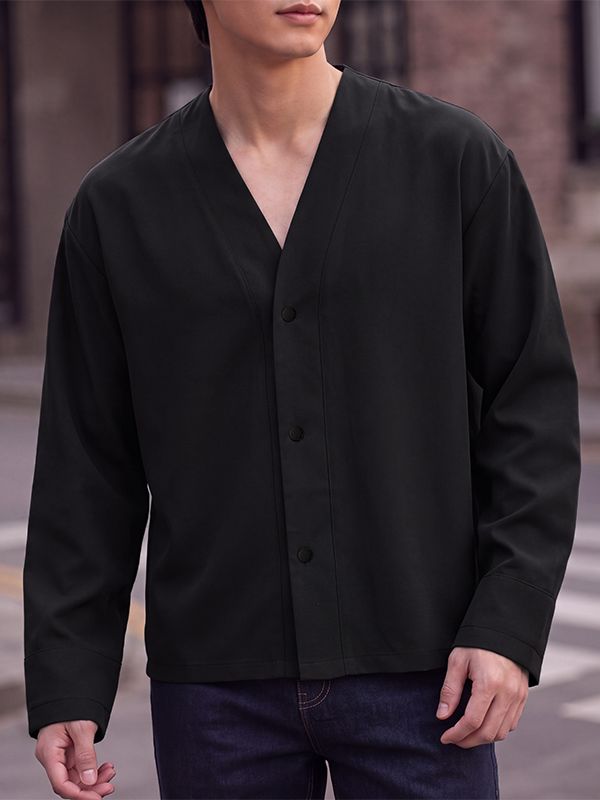 Men's Urban Casual Collarless Deep-V Snap Button Long Sleeve Shirt SKUL79088