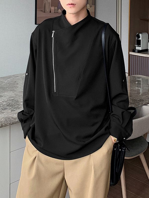Men's Solid Color Slanted Zip Long Sleeve Shirt SKUL41387