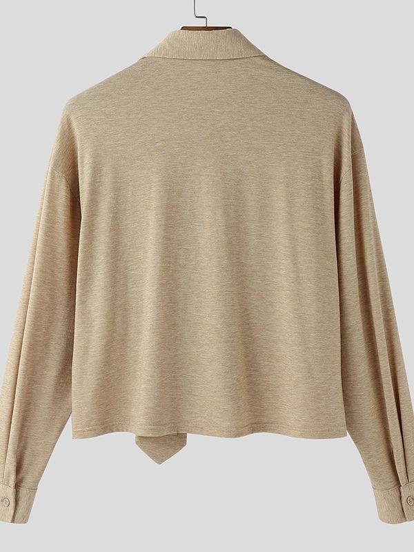 Men's Solid Color Tie Patchwork Cropped Long Sleeve Shirt SKUL48754