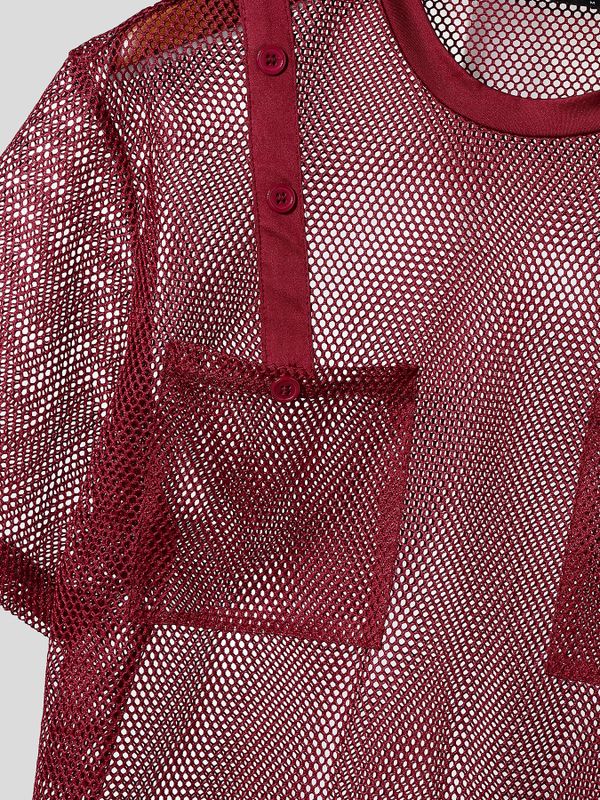 Men's Avant-Garde High Street Sheer Fishnet Mesh Button Detail Cargo Pocket T-shirt SKUL65245