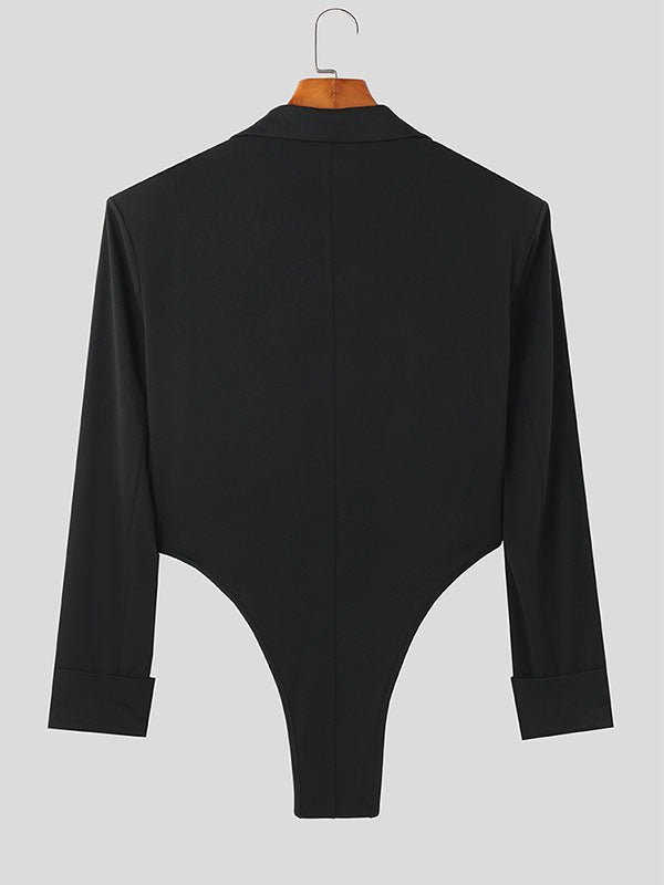 Mens Solid Lapel Long Sleeve Bodysuit SKUK24885