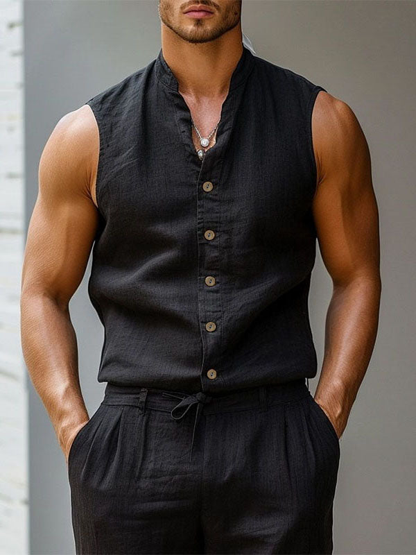 Mens Solid Color Stand Collar Sleeveless Shirt SKUK68824