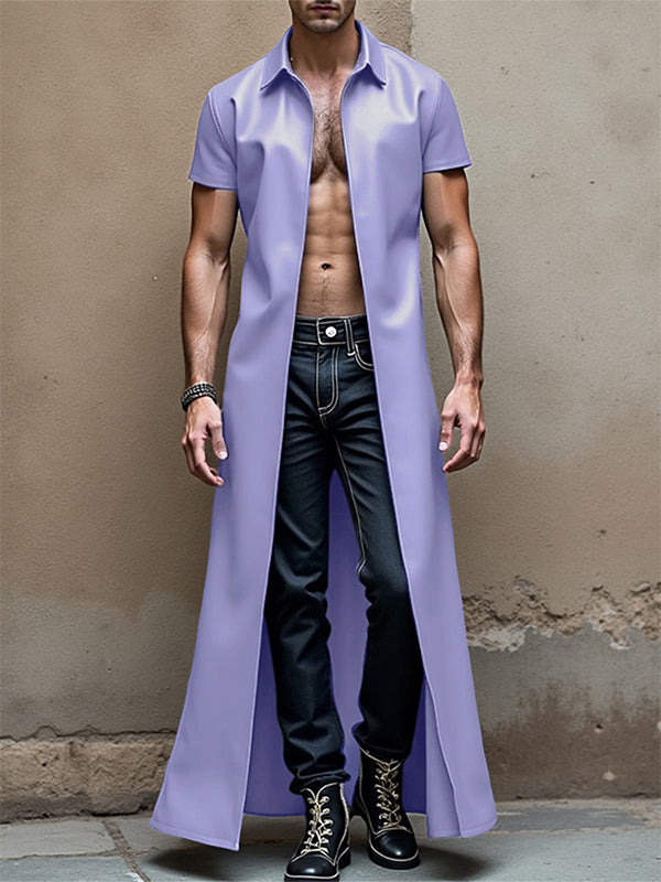 Men's Solid Faux Leather Lapel Short Sleeve Cardigan SKUL26034