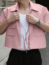 Men's Drawstring Patch Pocket Short Sleeve Shirt SKUL39361