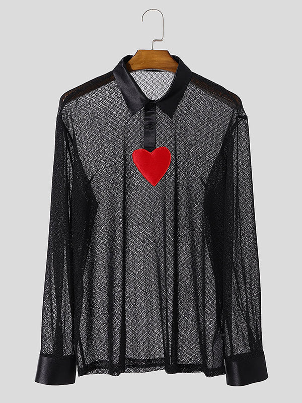 Mens Heart Print Mesh Sheer Long-Sleeve Shirt SKUK94115