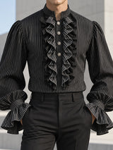 [Pre-order] Men's Vintage Dandy Stage Runway Ruffle Jabot Front Puffed Lantern Sleeve Striped Shirt SKUL89231
