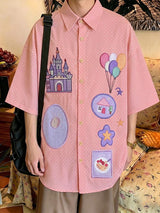 Men's Daily Casual Wear Polka Dot Cartoon Castle Patchwork Oversized Casual Shirt SKUL59596