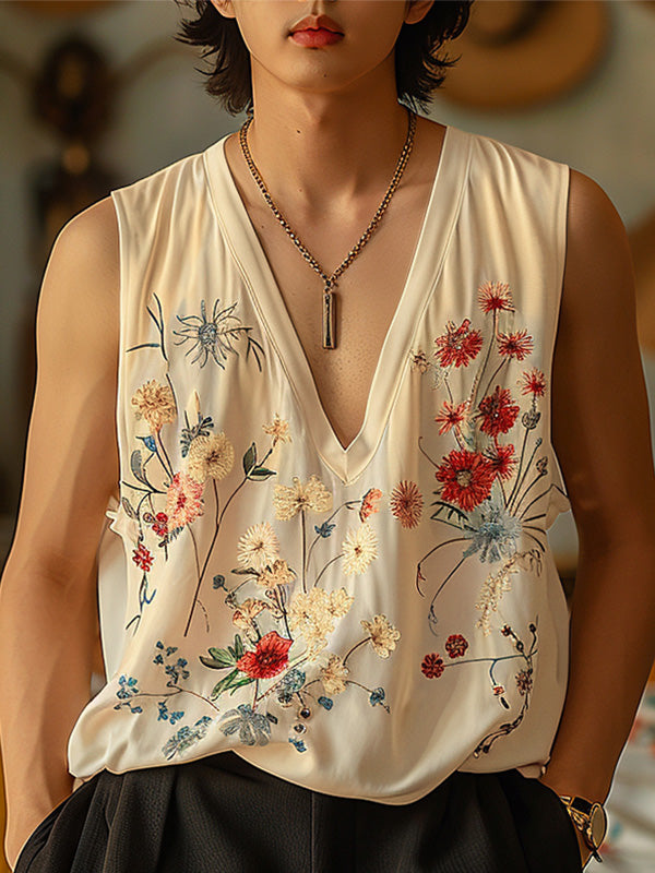 Mens Floral Print V-Neck Sleeveless Tank SKUK65103