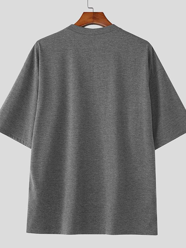 Men's Small Flower Embroidered Loose Short Sleeve T-Shirt SKUL38089