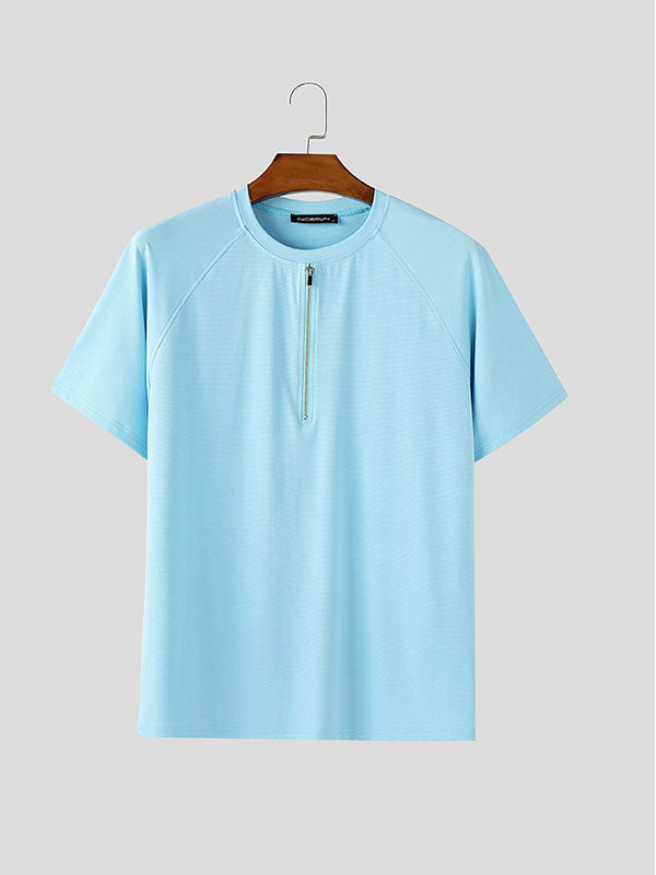 Mens Solid Color Half-Zip Short Sleeve T-Shirt SKUL09350