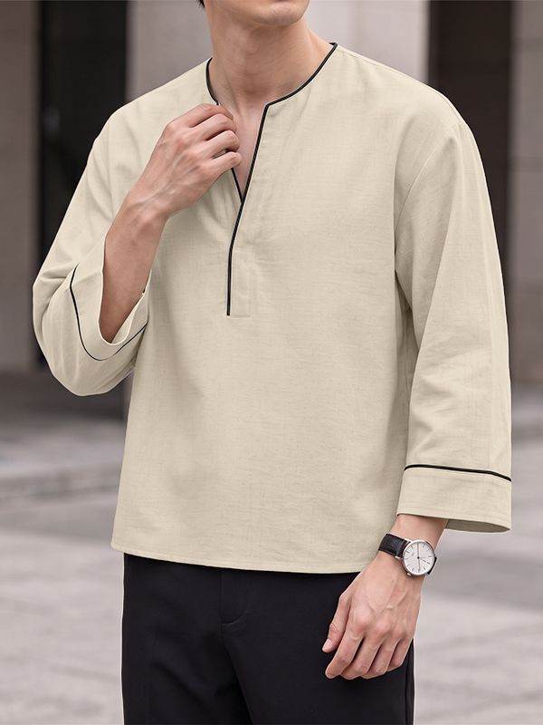 Men's Chill Relaxed City Walk Drop Shoulder Contrast Trim 3/4 Wide Sleeve Shirt SKUL85484